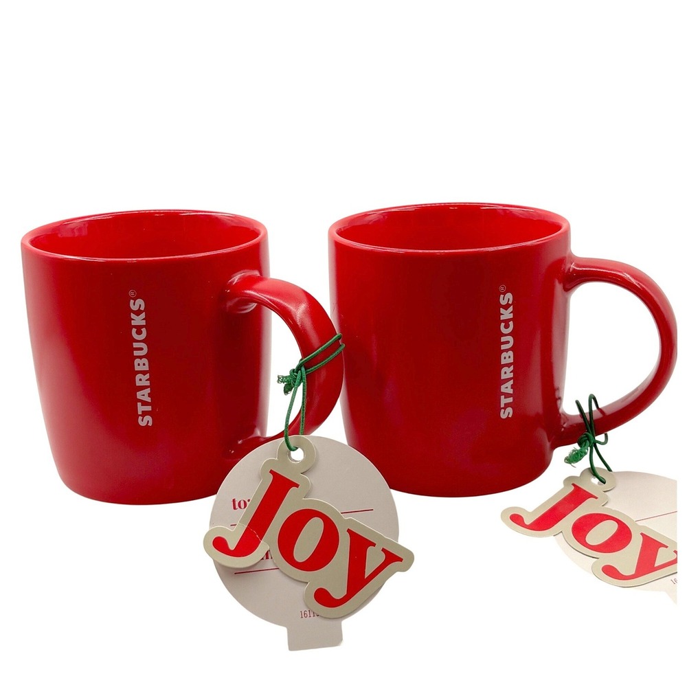 NWOT Starbucks 2025 Holiday Mugs Pair Red Vertical Wordmark 11oz Set W/ Inserts